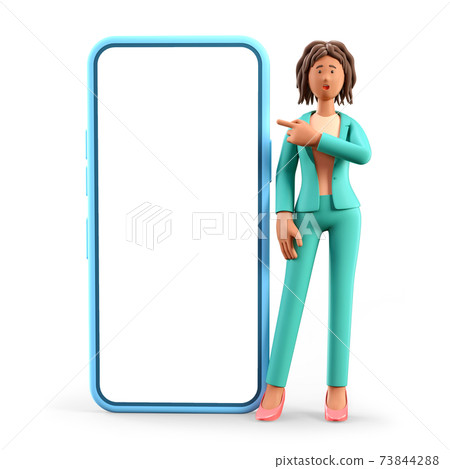 3D illustration of shocked african american woman with open mouth pointing finger at blank screen of the big phone. 73844288