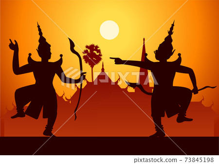 Thai ancient literature play of Ramaya called pantomine Rama or Vishnu ready to fight with king of giant Thai ancient literature play of Ramaya called pantomine Rama or Vishnu ready to fight with king of giant 73845198