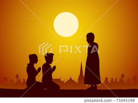 Buddhist woman and man pay respect to monk politely with faith and belief 73845199