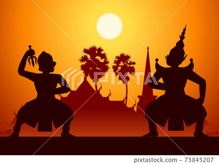 Thai ancient literature play of Ramaya called pantomine leader of monkey ready to fight with king of giant,silhouette style Thai ancient literature play of Ramaya called pantomine leader of monkey ready to fight with king of giant,silhouette style 73845207