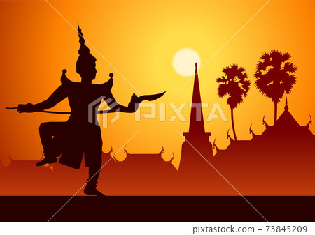 Thai ancient literature play of Ramaya called pantomine Rama or Vishnu shooting arrow silhouette style Thai ancient literature play of Ramaya called pantomine Rama or Vishnu shooting arrow silhouette style 73845209