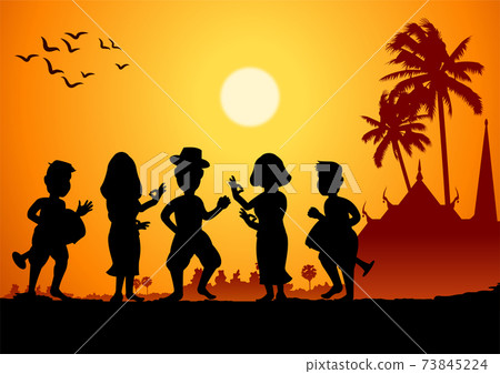 men and women fun with country dance song around with country rural life in silhouette style 73845224