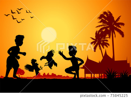 men playing cock fighting gamble around with country rural life in silhouette style 73845225