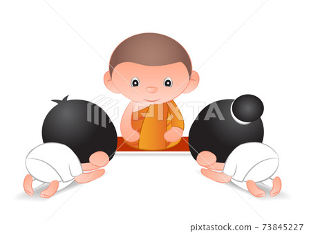 Big bubble head cartoon pay respect to monk,man and woman 73845227