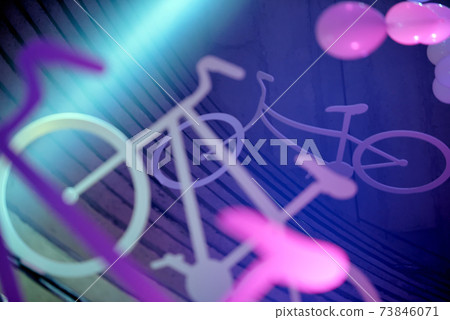 decor bikes under the ceiling of the hangar blue and pink colored balls 73846071