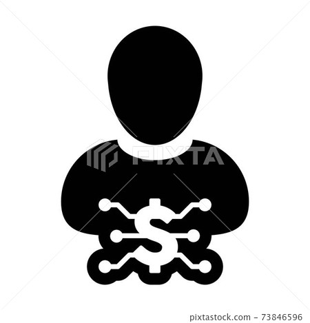 Purchase icon vector digital dollar currency with male user person profile avatar for digital wallet in a glyph pictogram illustration 73846596