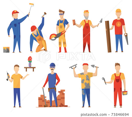 Builders. Construction workers with professional equipment during various building activity. Set of flat professional construction workers engineers characters Builders. Construction workers with professional equipment during various building activity. Set of flat professional construction workers engineers characters 73846694
