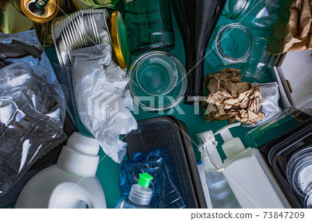 Recycling garbage top view on the blue 73847209