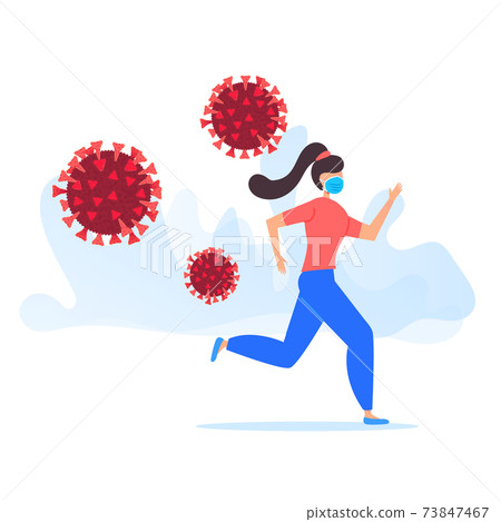 Young girl in a protective mask runs from the coronavirus molecule. Vector illustration flat design. Covid-19 pandemic concept. 73847467