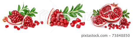 Pomegranate with leaf isolated on white background with clipping path and full depth of field. Set or collection 73848850