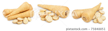 Parsnip root and slices with parsley isolated on white background closeup, Set or collection 73848851
