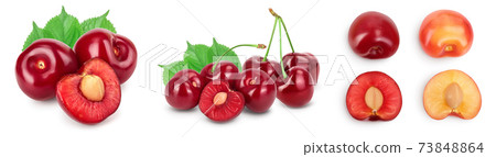 red sweet cherry isolated on white background with full depth of field. Set collection 73848864