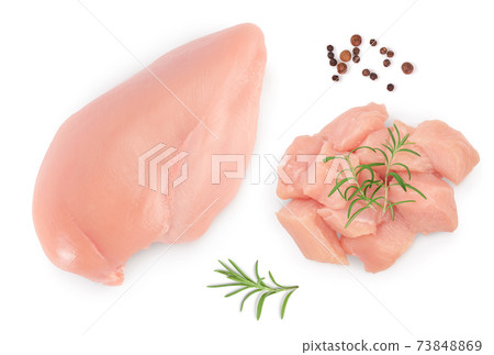 Fresh chicken fillet with rosemary isolated on white background. Top view. Flat lay Fresh chicken fillet with rosemary isolated on white background. Top view. Flat lay 73848869