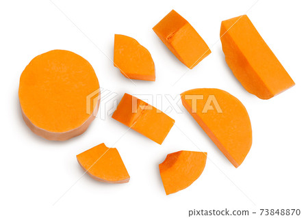 butternut squash slice isolated on white background with clipping path and full depth of field. Top view. Flat lay butternut squash slice isolated on white background with clipping path and full depth of field. Top view. Flat lay 73848870