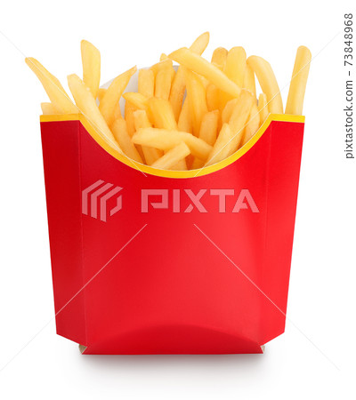 French fries or fried potatoes in a red carton box isolated on white background with clipping path and full depth of field French fries or fried potatoes in a red carton box isolated on white background with clipping path and full depth of field 73848968