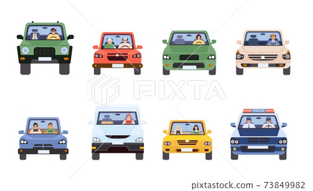 People in cars front view. Man and woman driving, delivery service, police in car and old couple. Drivers in flat minimal style vector set 73849982