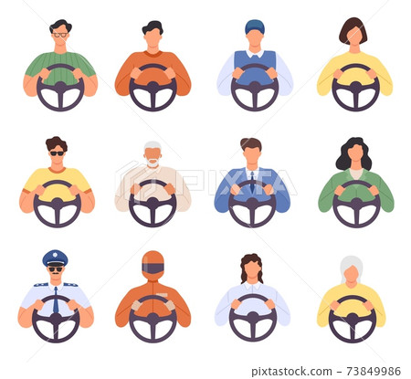 Drivers. Man and woman driving car icons. Taxi cab driver and passenger, courier, police and elderly person with wheel. Chauffeur vector set 73849986