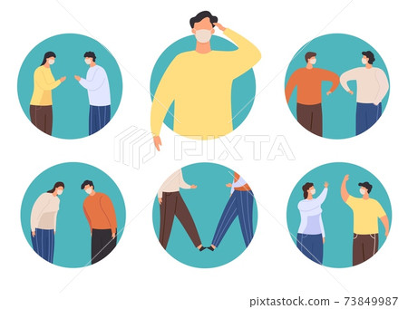 Non-contact greeting icon. New normal greet to stop virus, alternative to handshake namaste, elbow and feet bump, wawing and bow vector set Non-contact greeting icon. New normal greet to stop virus, alternative to handshake namaste, elbow and feet bump, wawing and bow vector set 73849987