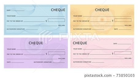 Cheque with guilloche. Bank chequebook template. Blank mockup for banknote voucher with spirograph watermark and abstract pattern vector set 73850103