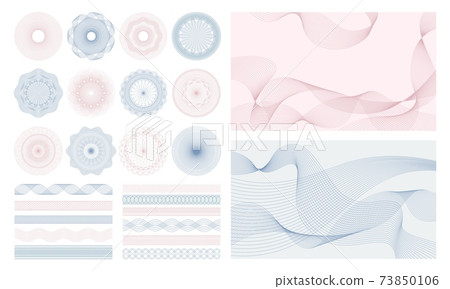Money watermark. Geometric round, spiral and abstract secure guilloches for passport or cheque. Spirograph patterns and borders vector set 73850106