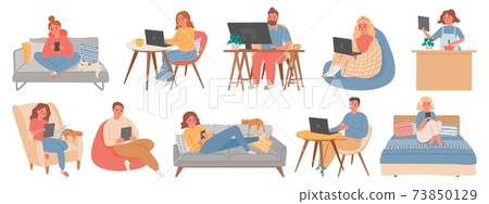Work from homes. Man and woman freelancers in room interior working in computer or laptop. People in home offices in quarantine vector set 73850129