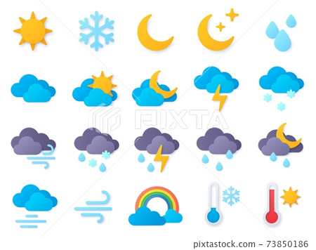 Paper cut weather icons. Symbols of rain, rainbow, sun, hot and cold temperature, winter snow and cloud. Meteo forecast pictogram vector set Paper cut weather icons. Symbols of rain, rainbow, sun, hot and cold temperature, winter snow and cloud. Meteo forecast pictogram vector set 73850186