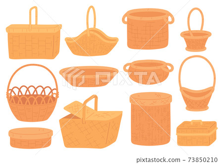 Wicker baskets. Empty straw basket for picnic, grocery or gift. Handmade round bamboo hamper and box. Trendy flat rattan basketry vector set 73850210