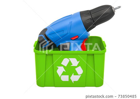 Recycling trashcan with screw gun, 3D rendering Recycling trashcan with screw gun, 3D rendering 73850485