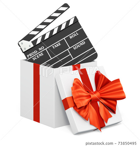 Movie clapper inside gift box, present concept. 3D rendering Movie clapper inside gift box, present concept. 3D rendering 73850495