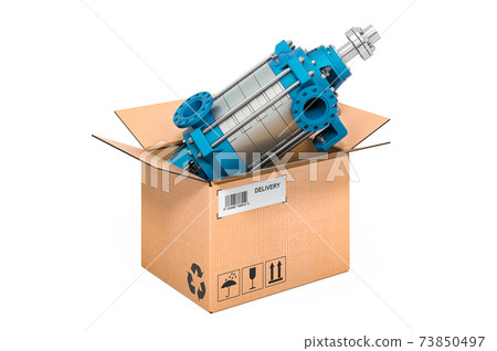 Horizontal multistage pump inside cardboard box, delivery concept. 3D rendering 73850497