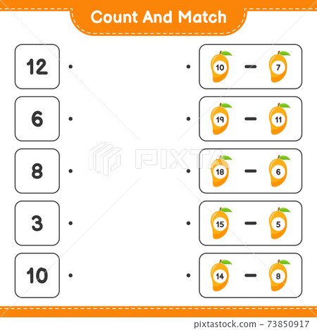 Count and match, count the number of Mango and match with right numbers. Educational children game, printable worksheet, vector illustration Count and match, count the number of Mango and match with right numbers. Educational children game, printable worksheet, vector illustration 73850917