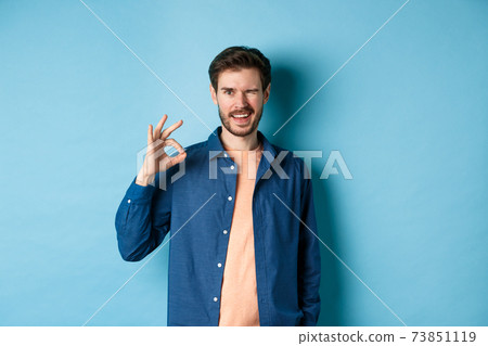 Positive smiling guy winking and showing okay sign, praising good work, recommending good company, standing on blue background 73851119