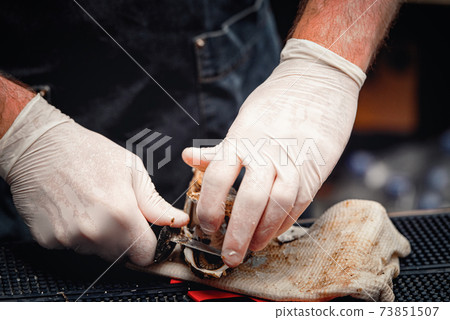 Chef in white gloves shucking a fresh oyster with knife. Chef in white gloves shucking a fresh oyster with knife. 73851507