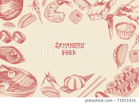 Japanese food poster. Sushi bar, ramen noodles, soup in a bowl, roll and dessert, Asian tea. Soy 73851916