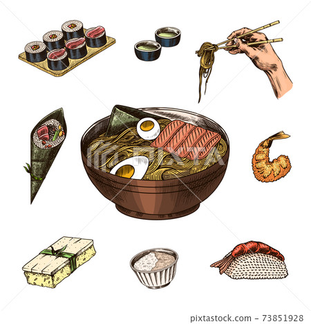Japanese food set. Sushi bar, ramen noodles, soup in a bowl, roll and dessert, Asian tea. Soy sauce 73851928