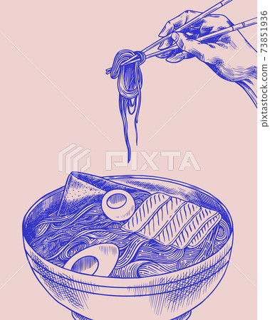 Hand holds chopsticks. Ramen noodles. Japanese food poster. Sushi bar, soup in a bowl, roll and 73851936