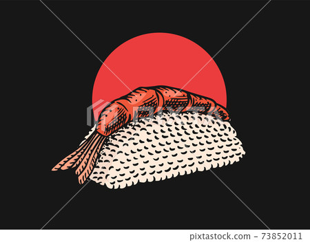Japanese food. Sushi bar or roll with shrimp. Vector illustration for Asian restaurant. Hand Drawn 73852011