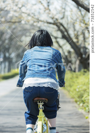 A young woman riding a bicycle through a row of cherry blossom trees 73852542