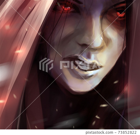 Woman angry face in hood illustration. 73852822
