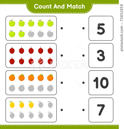 Count and match, count the number of Fruits and match with right numbers. Educational children game, printable worksheet, vector illustration Count and match, count the number of Fruits and match with right numbers. Educational children game, printable worksheet, vector illustration 73852859