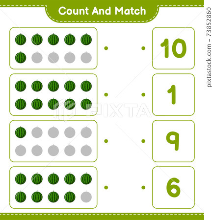 Count and match, count the number of Watermelon and match with right numbers. Educational children game, printable worksheet, vector illustration Count and match, count the number of Watermelon and match with right numbers. Educational children game, printable worksheet, vector illustration 73852860