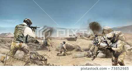 Soldiers fighting on desert scene. Soldiers fighting on desert scene. 73852985