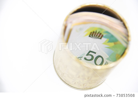 Metal piggy bank with New Israel Shekel symbols for saving money. On a white background with NIS banknotes Metal piggy bank with New Israel Shekel symbols for saving money. On a white background with NIS banknotes 73853508