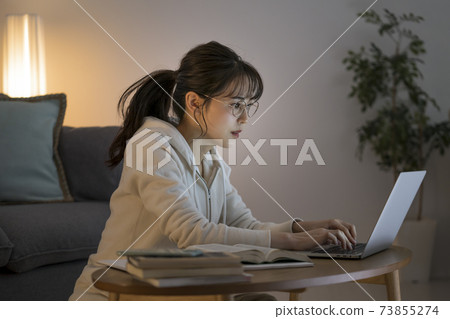 A young woman working on a laptop 73855274