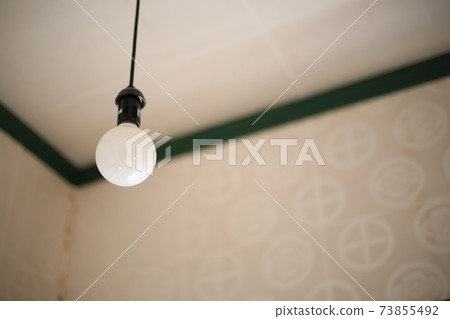 White bare light bulb hanging from the white ceiling 73855492