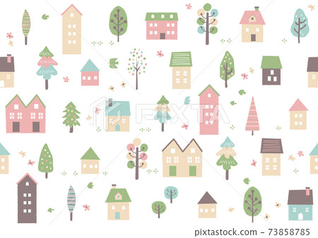 斯堪的納維亞手寫的春季城市和樹木圖案 73858785