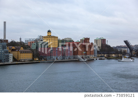 View of the city of Stockholm from the deck of a ship. 73859121