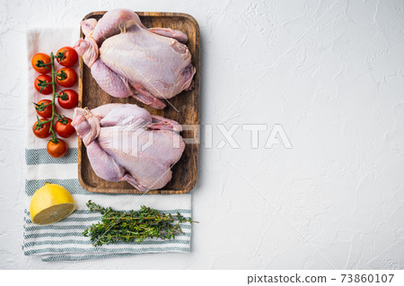 Raw coquelet chickens with herbs and ingredients, on white background, top view with copy space for text 73860107