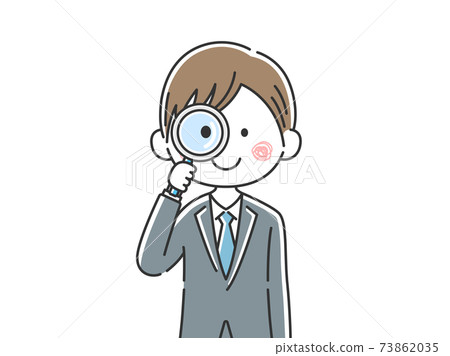Illustration of a Japanese businessman using a magnifying glass 73862035