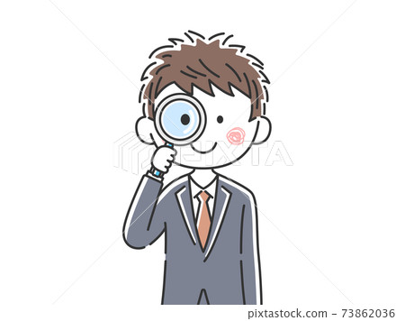 Illustration of a Japanese businessman using a magnifying glass 73862036